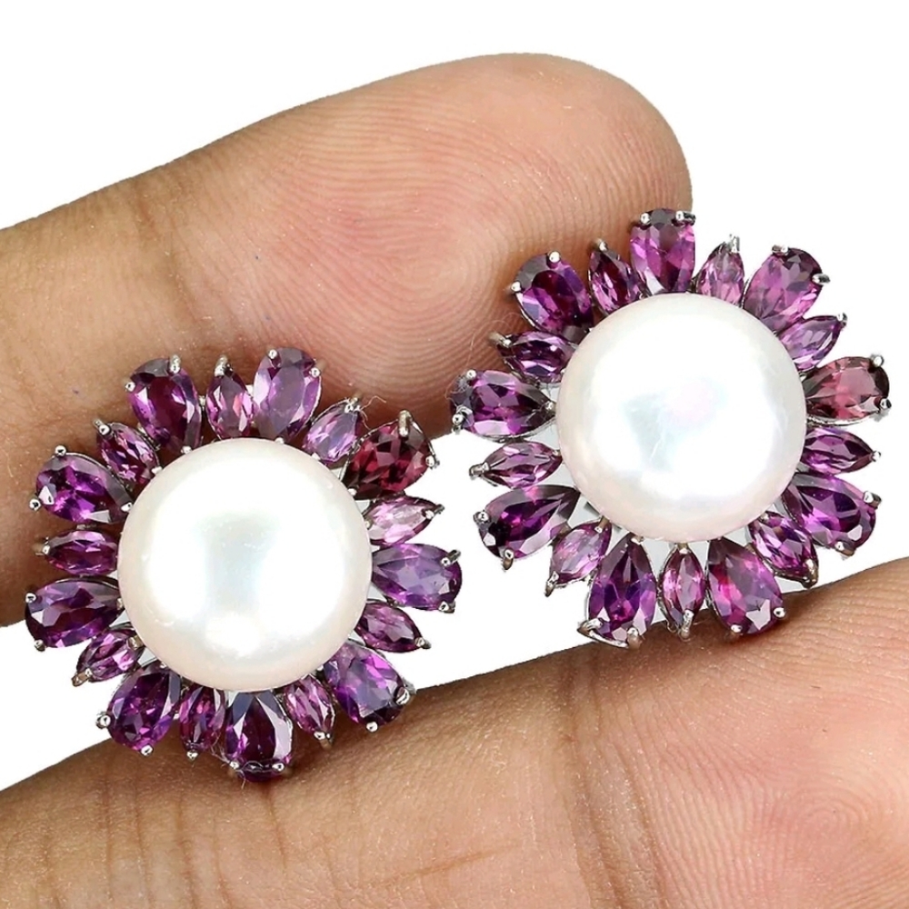 (SOLD)Pearl Earrings surrounded by Genuine Rhodolite Garnets
